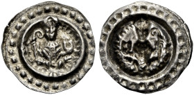 KONSTANZ, BISCHÖFLICHE MÜNZSTÄTTE. 
HEINRICH I. VON TANNE, 1233-1248. Brakteat. Thronender Bischof von vorn mit Krummstab und Buch auf einem mit Löwe...