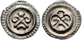 KONSTANZ, BISCHÖFLICHE MÜNZSTÄTTE. 
EBERHARD II. VON WALDBURG, 1248-1274. Brakteat. Zwei gekreuzte Krummstäbe, oben Rosette, unten Halbmond. 0,41 g. ...