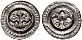 LINDAU, MÜNZSTÄTTE DES ADLIGEN DAMENSTIFTS. 
"Ewiger Pfennig", nach 1295. Dreiblättrige Linde mit dreiteiligen Früchten, r. und l. neben dem Stamm je...