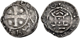 MAINZ, REICHSMÜNZSTÄTTE. 
OTTO III., 983-1002. Pfennig. Kreuz, in den Winkeln Punkte, rückläufig +O[TTO IM]P AV Rv. Kirchengebäude, darin Kreuz, unde...