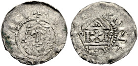 MAINZ, REICHSMÜNZSTÄTTE. 
HEINRICH III., 1039-1056. Pfennig. Gekrönter Kopf von vorn, an den Seiten je drei Ringe. Rv. Gebäude, darin drei gekreuzte ...
