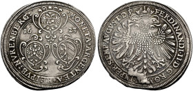 NÜRNBERG, STADT. 
Taler 1623, Mzz. Stern. 3 Wappen in Kartuschen. Rv. Gekrönter Doppeladler. Kellner 230a, Dav. 5636. Stempelfehler auf Rv.
Sehr sch...