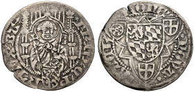 PFALZ-KURFÜRSTENTUM, ALTE LINIE. 
FRIEDRICH I., 1449-1476. Weißpfennig o. J., Bacharach. Hüftbild Petri im Gehäuse über kleinem Schild Pfalz-Bayern, ...