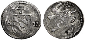 PFALZ-KURFÜRSTENTUM, ALTE LINIE. 
FRIEDRICH V., 1610-1623. Kipper Kreuzer zu 4 Pfennig 1621, Heidelberg? Böhmischer Löwe nach links / Weckenschild zw...