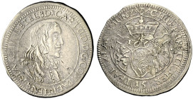 PFALZ-KURFÜRSTENTUM, LINIE ZU SIMMERN. 
KARL LUDWIG, 1648-1680. 15 Kreuzer 1668, (im Stempel geändert aus 1667), Heidelberg. Brustbild n. r. Rv. Drei...