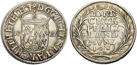 PFALZ-KURFÜRSTENTUM, LINIE ZU NEUBURG. 
KARL PHILIPP, 1716-1742. 20 Kreuzer 1722, Heidelberg. Gekröntes Wappen zwischen Jahreszahl. Rv. Wert zwischen...