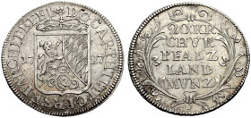PFALZ-KURFÜRSTENTUM, LINIE ZU NEUBURG. 
KARL PHILIPP, 1716-1742. 20 Kreuzer 1727, Heidelberg. Gekröntes Wappen zwischen Jahreszahl. Rv. Wert zwischen...