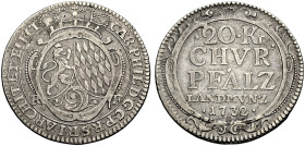 PFALZ-KURFÜRSTENTUM, LINIE ZU NEUBURG. 
KARL PHILIPP, 1716-1742. 20 Kreuzer 1732, Düsseldorf. Ovales Wappen in gekrönter Kartusche. Rv. Wert und Jahr...
