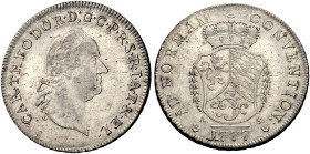 PFALZ-KURFÜRSTENTUM, LINIE ZU SULZBACH. 
KARL THEODOR, 1743-1799. Konventionstaler 1777, Mannheim. Büste r. Rv. Gekröntes Wappen mit Girlande zwische...