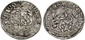 PFALZ-MOSBACH. 
OTTO II., 1461-1499. Halbschilling o. J., Neumarkt. Zwei Schilde mit Schleife verbunden, unten O Rv. Helm. 1,45 g. Slg. Memmesh. 2779...