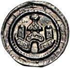 RAVENSBURG, KÖNIGLICHE MÜNZSTÄTTE. 
Brakteat um 1180-1190. Torgebäude mit doppelstöckigem Turm, über den Seitentürmen gestielte Ringel; Trugschrift. ...