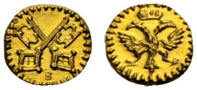 REGENSBURG, STADT. 
1/32 Dukat o.J. (um 1750). Gekreuzte Schlüssel, unten B Rv. Doppeladler. 0,11 g. Be. 526, Fr. 2547.
Stempelglanz