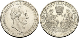SACHSEN, KÖNIGREICH. 
FRIEDRICH AUGUST II., 1836-1854. Ausbeute-Sterbetaler 1854. Kopf r. Rv. Sitzende Personi­fikationen von Gerechtigkeit und Liebe...