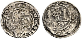 SAYN, GRAFSCHAFT. 
EBERHARD I., 1139-1176. Pfennig. Sitzender barhäuptiger Mann in einem mir Ringeln besetzten Bischofsgewand hält Palmzweig und Falk...