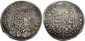SAYN-WITTGENSTEIN-HOHENSTEIN, GRAFSCHAFT. 
GUSTAV, 1657-1701. 2/3 Taler 1676. Brustbild r. Rv. Gekröntes Wappen zwischen P-L. MJV 170.
Sehr schön