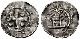 SPEYER, KÖNIGLICHE MÜNZSTÄTTE. 
OTTO II. oder III., 973-1002. Pfennig. Kreuz mit Kugeln in den Winkeln, [///]TTOR[///] Rv. Stilisierte Kirche, darin ...