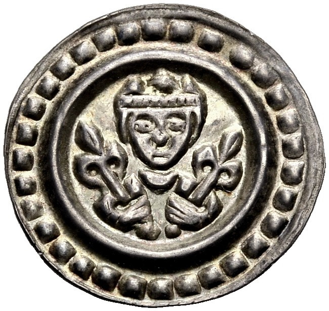 ULM, KÖNIGLICHE MÜNZSTÄTTE. 
Um 1250-1270. Pfennig. Gekröntes Brustbild mit zwe...