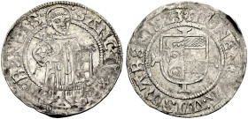 WISMAR, STADT. 
Doppelschilling 1523. Der hl. Laurentius stehend von vorn mit Palmzweig und Rost, SANCTVS L-AVRENCIS Rv. Wappenschild auf Kreuz, MONE...