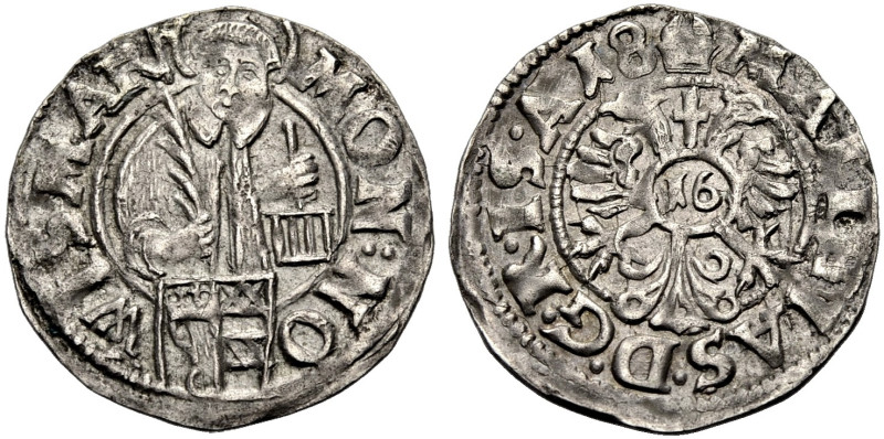 WISMAR, STADT. 
Doppelschilling = 1/16 Taler 1618. Der hl. Laurentius stehend v...