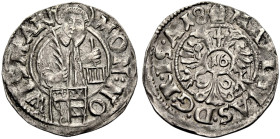 WISMAR, STADT. 
Doppelschilling = 1/16 Taler 1618. Der hl. Laurentius stehend von vorn mit Palmzweig und Rost über Wappenschild, MON: NO - WISMAR Rv....