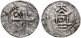 WORMS, KÖNIGLICHE MÜNZSTÄTTE. 
OTTO III., 983-1002. Pfennig. Kreuz, in einem Winkel ein Krummstab, in den anderen drei Winkeln je eine Kugel. Rv. Sti...