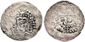 WORMS, BISCHÖFLICHE MÜNZSTÄTTE. 
BURKHARD II., 1120-1149. Pfennig. Brustbild des Bischofs mit einwärts gekehrtem Krummstab und Buch. Rv. Kreuz, in de...
