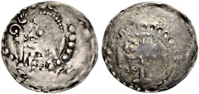 WORMS, BISCHÖFLICHE MÜNZSTÄTTE. 
BURKHARD II., 1120-1149. Pfennig. Brustbild des Bischofs n. l. mit nach außen gewendetem Krummstab, darüber ein lieg...