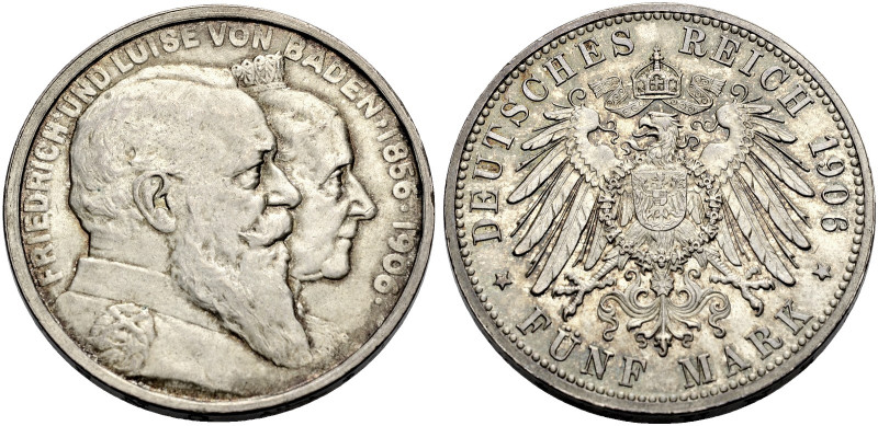 BADEN, GROSSHERZOGTUM. 
FRIEDRICH I., 1852-1907. 5 Mark 1906 zur Goldenen Hochz...