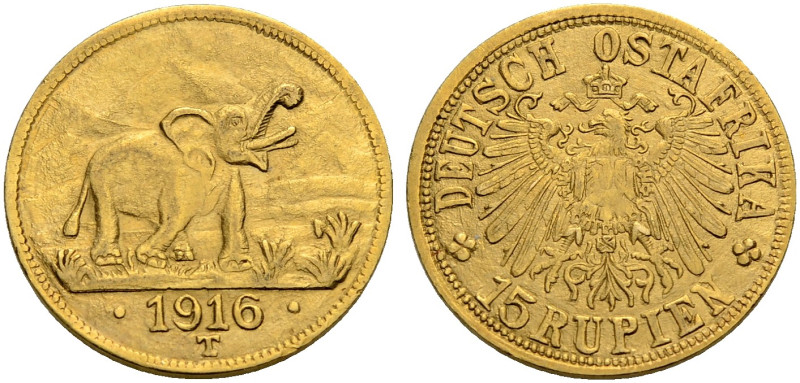 DEUTSCH OSTAFRIKA. 
15 Rupien 1916 T, Tabora. Elefant n. r. vor dem Kilimandsch...