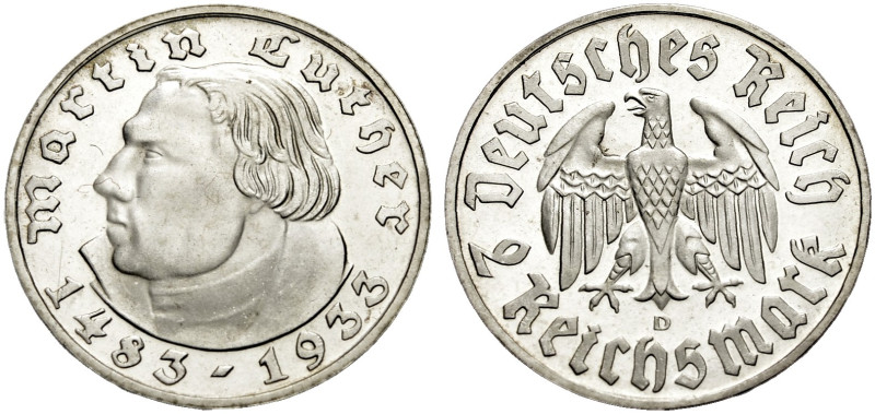 DRITTES REICH. 
2 Reichsmark 1933 D zum 450. Geburtstag Martin Luthers. J. 352....