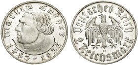 DRITTES REICH. 
2 Reichsmark 1933 D zum 450. Geburtstag Martin Luthers. J. 352.
Polierte Platte
