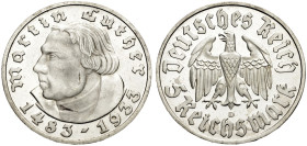 DRITTES REICH. 
5 Reichsmark 1933 D zum 450. Geburtstag Martin Luthers. J. 353.
Polierte Platte