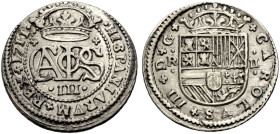 . 
KARL VI., 1711-1740. Als spanischer Kronprätendent Carlos III., 1705-1714. 2 Reales 1711 Barcelona. Gekröntes Monogramm. Rv. Gekröntes Wappen. 27 ...