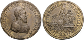 FRANKREICH-KÖNIGLICHE MÜNZEN. 
HENRI II, 1547-1559. Bronzemedaille, datiert 1552, spätere Prägung, auf die Siege in Italien, Deutschland, und Frankre...