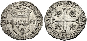 FRANKREICH-KÖNIGLICHE MÜNZEN. 
HENRI III, 1574-1589. Douzain au deux H 1588, Dijon. Gekrönter Lilienschild zwischen zwei H, unten Mzz. P. Rv. Kreuz m...