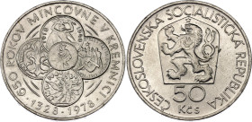 Czechoslovakia 50 Korun 1978
KM# 91, N# 12642; Silver; 650th Anniversary of Kremnica Mint; Mintage: 93000 pcs. (22924 pcs. melted); UNC with mint lus...