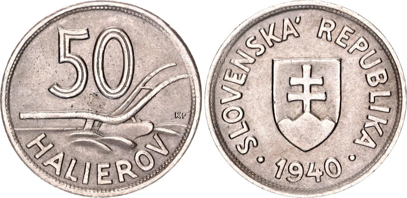 Slovakia 50 Halierov 1940 Key Date
KM# 5, Schön# 4, N# 9874; Copper-Nickel; AUN...
