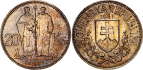 Slovakia 20 Korun 1941
KM# 7, Schön# 9, N# 6483; Silver; St. Cyril and St. Methodius; UNC with mint luster & amazing artificial golden toning