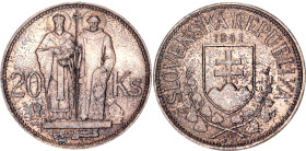 Slovakia 20 Korun 1941
KM# 7, N# 6483; Silver; St. Cyril and St. Methodius; UNC with dark patina