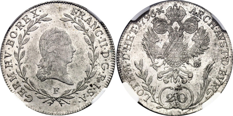 Austria 20 Kreuzer 1796 F NGC MS64 Top Pop
KM# 2139, N# 22610; Silver; Franz II...