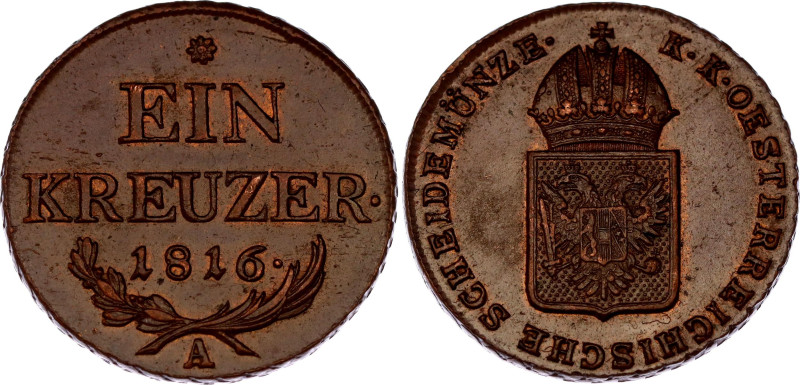 Austria 1 Kreuzer 1816 A
KM# 2113, N# 3169; Copper; Franz I; UNC with red mint ...