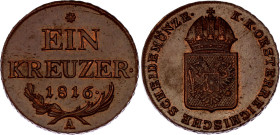 Austria 1 Kreuzer 1816 A
KM# 2113, N# 3169; Copper; Franz I; UNC with red mint luster remains
