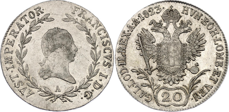 Austria 20 Kreuzer 1823 A
KM# 2143, Adamo# C32, N# 19931; Silver; Franz I; Vien...