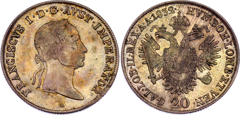 Austria 20 Kreuzer 1832 A
KM# 2147, N# 14712; Silver; Franz I; Vienna Mint; XF/...