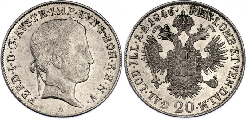 Austria 20 Kreuzer 1846 A
KM# 2208, N# 18459; Silver; Ferdinand I; Vienna Mint;...