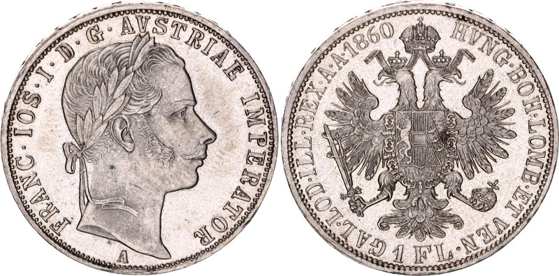 Austria 1 Florin 1860 A
KM# 2219, N# 7004; Silver; Franz Joseph I; AUNC with mi...