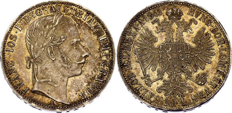 Austria 1 Florin 1861 A
KM# 2219, N# 7004; Silver; Franz Joseph I; UNC- with ni...
