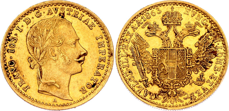 Austria 1 Dukat 1863 A
KM# 2264, N# 22709; Gold (0.986) 3.49 g., 20 mm.; Franz ...
