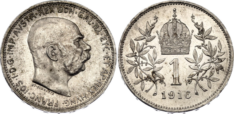 Austria 1 Corona 1916
KM# 2820, Schön# 19, N# 7003; Silver; Franz Joseph I; UNC...