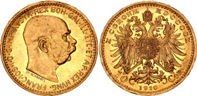 Austria 10 Corona 1910
KM# 2816, N# 20870; Gold (.900) 3.37 g.; Franz Joseph I; UNC with mint luster & minor hairlines
